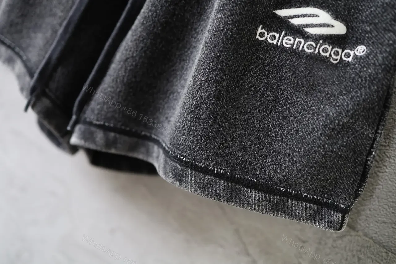 View 6 of Black Denim Drawstring Shorts - Balenciaga Logo Style