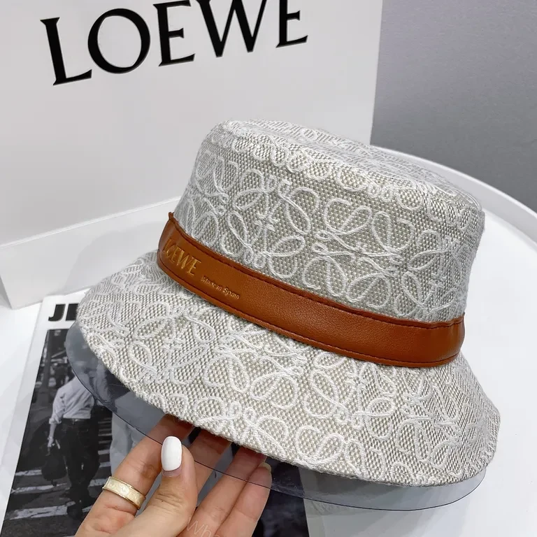 View 3 of White Jacquard Bucket Hat: Luxe Loewe Style, Leather Band, Unisex