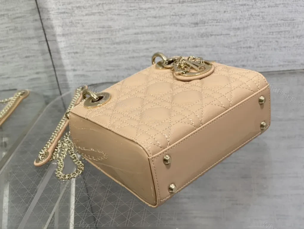 View 3 of Chic Quilted Mini Handbag â€“ Gold Chain & Charms, Nude