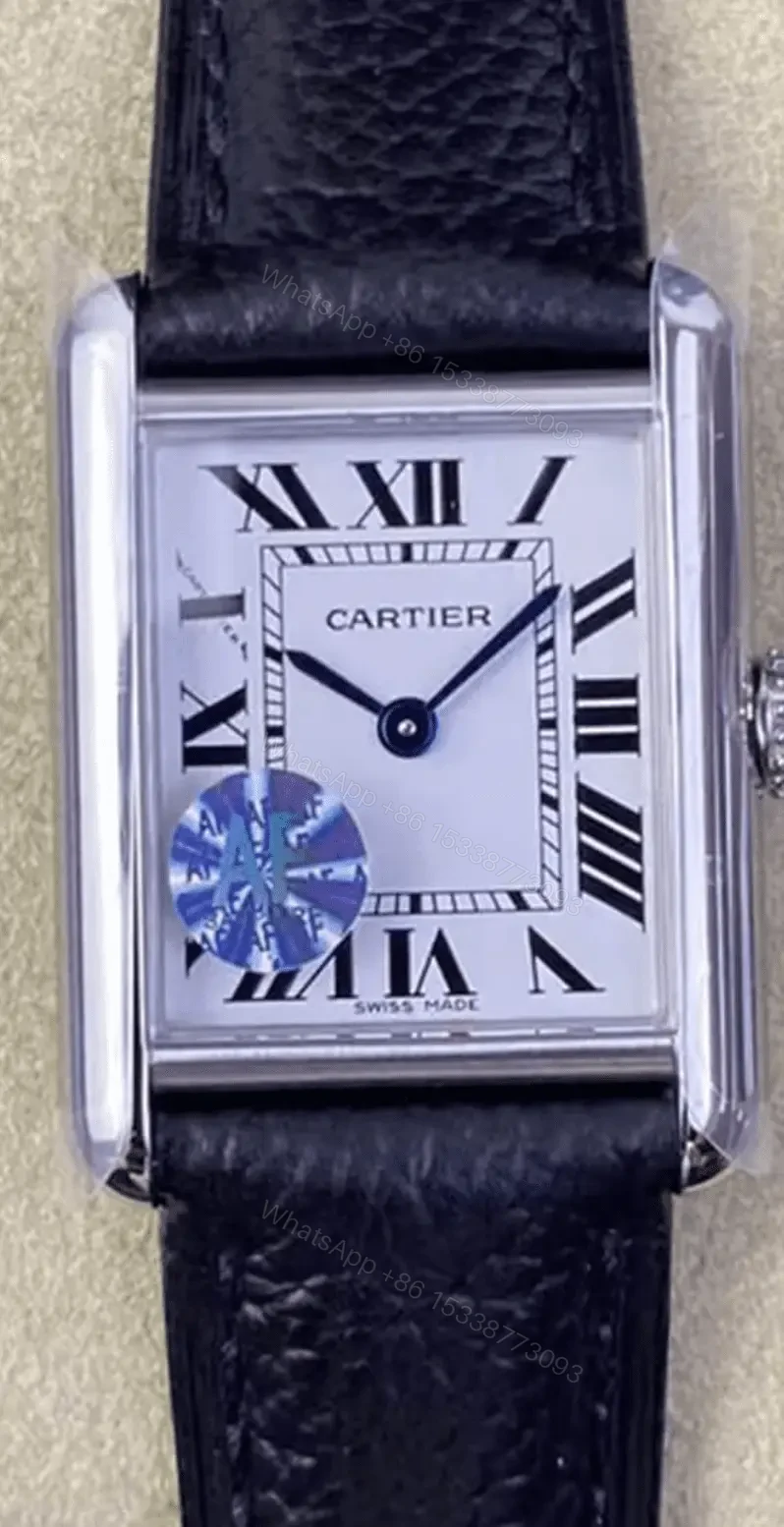 View 5 of Cartier Tank Replica Watch Black Leather Strap