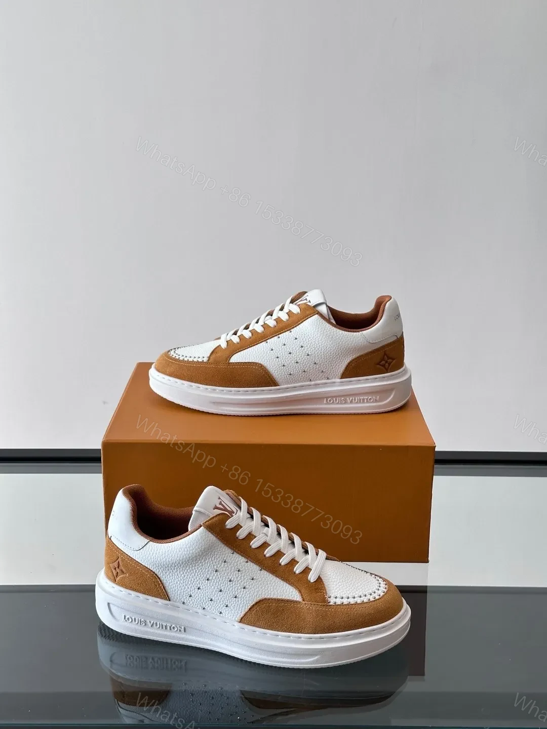 View 4 of LV Men White Brown Suede Leather Sneakers