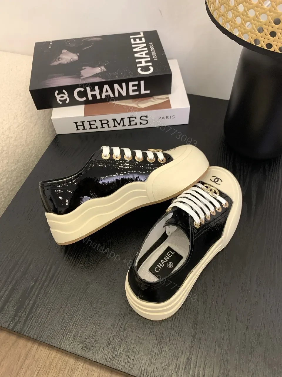 View 9 of Glossy Black Patent Sneaker with Cream Toe Cap - Luxe High-Top