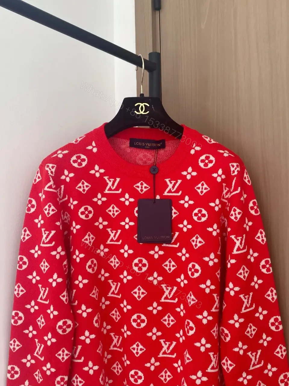 View 6 of Red Knit Monogram Crew Neck—Bold Pattern & Cozy Warmth