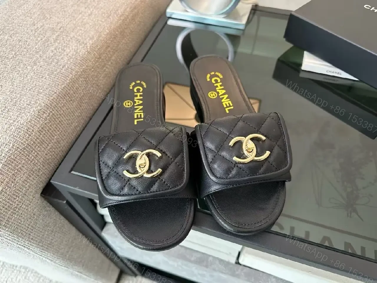 View 2 of Quilted Quinn Slides: Black + Gold Logo, Ultra-Comfort Slide