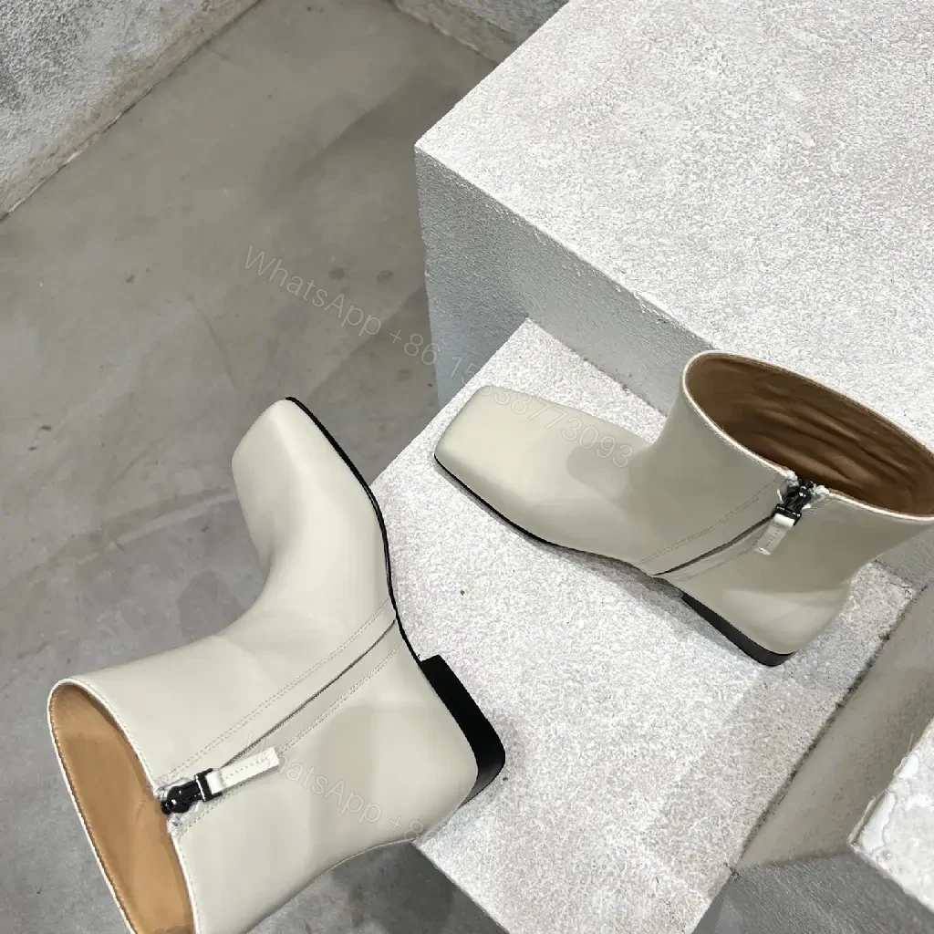 View 4 of Off-White Leather Ankle Boots with Square Toe and Zipper