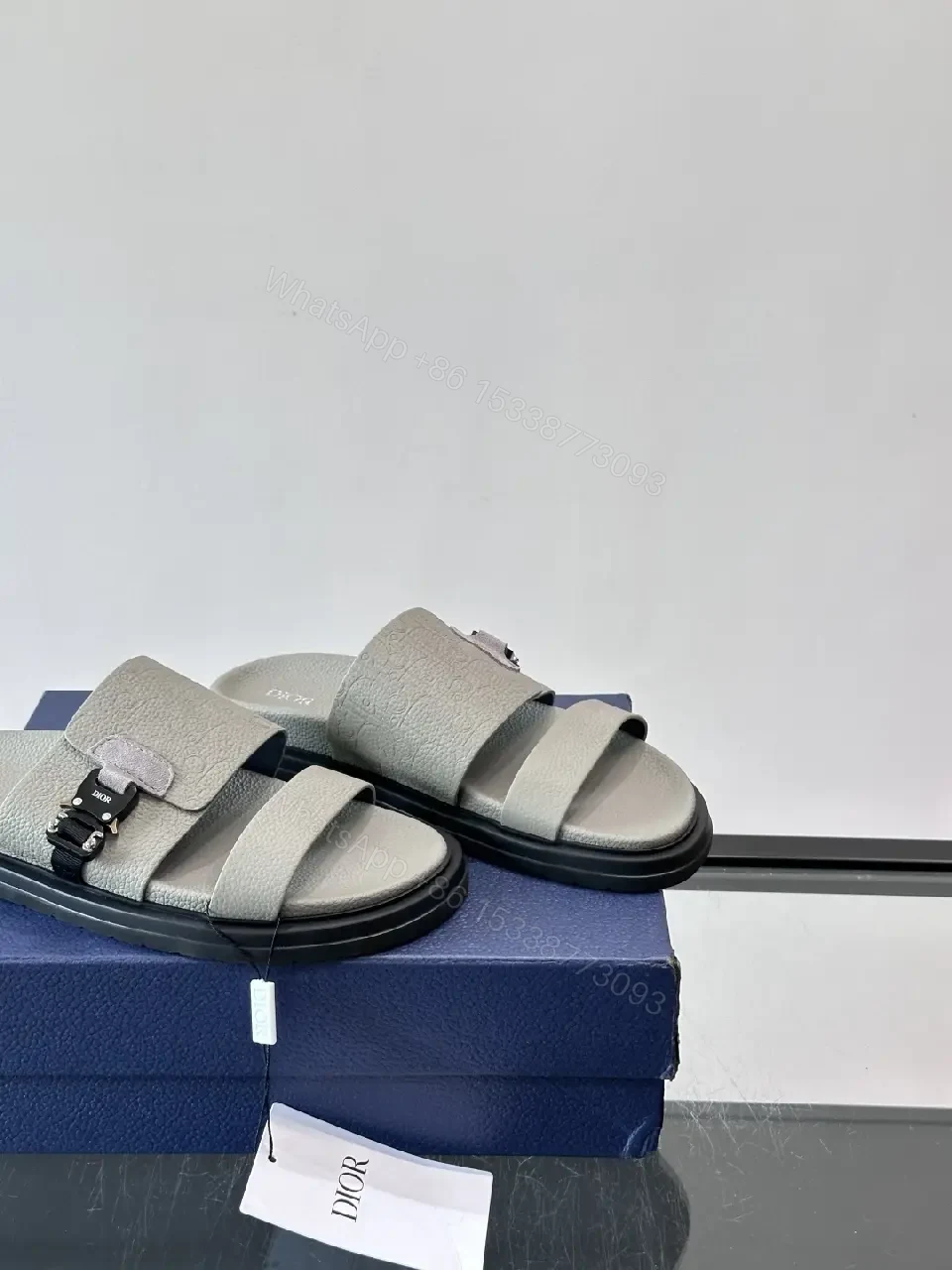 View 3 of Gray Leather Slides Buckle Feature Dior Sandals