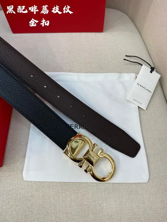 View 5 of Bold Texture Black Leather Belt with Gold Ferragamo Hardware