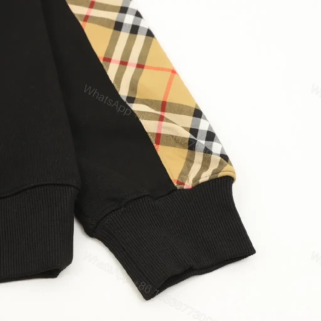 View 7 of Black Knit Crewneck with Signature Check Sleeves, Slim Fit, Luxury Casual