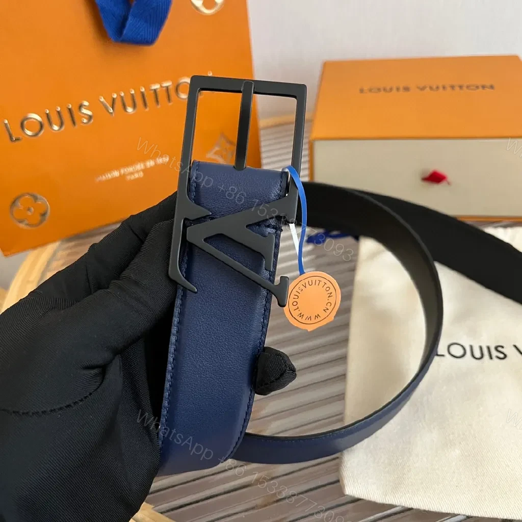 View 2 of Chic Navy Leather Belt with LV Buckle