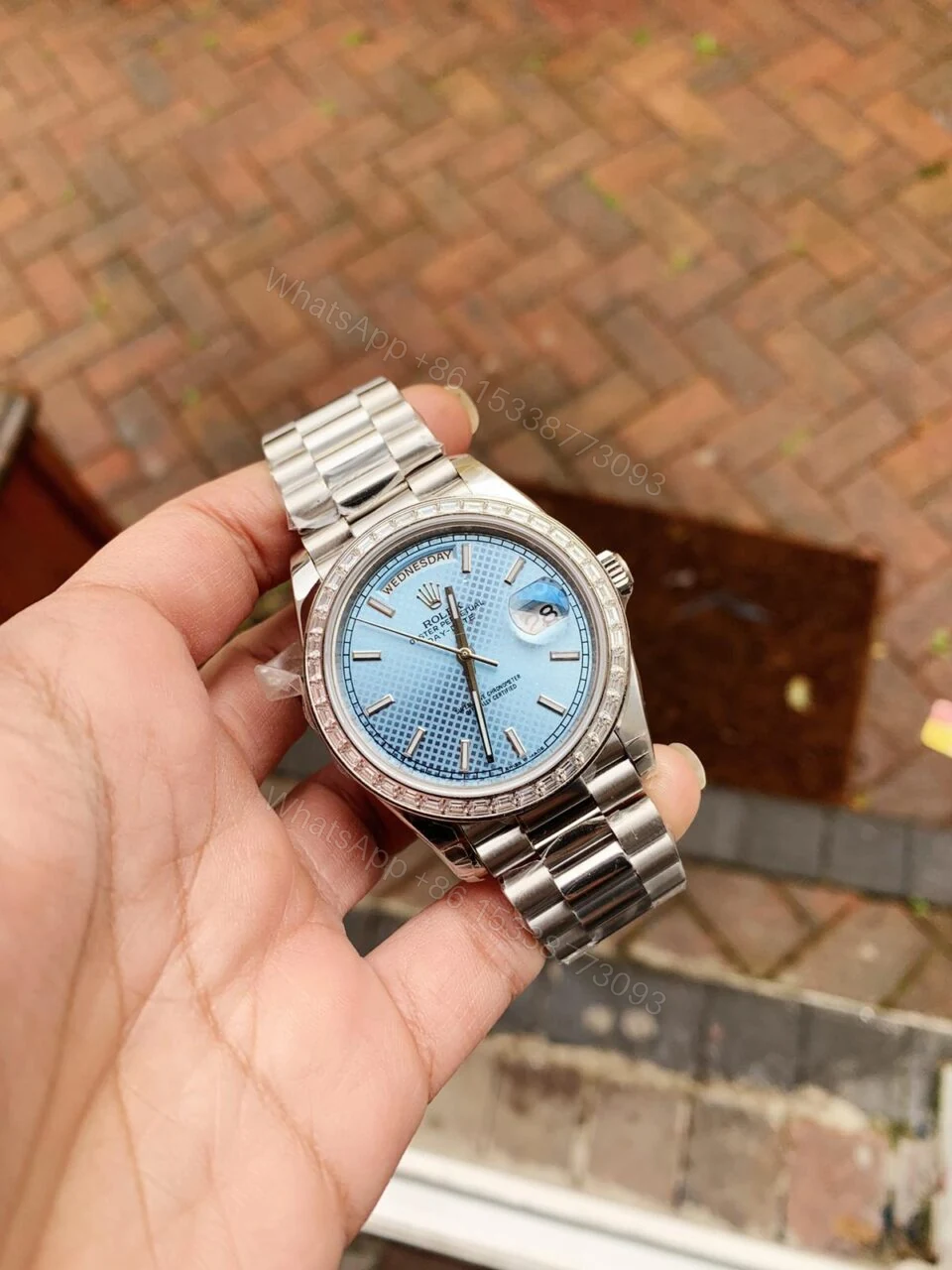 View 3 of SS Factory 1:1 Rolex Day Date II Best Edition BAGUETTE DIAMONDS Bezel Ice Blue Dial Crystal Markers A3255