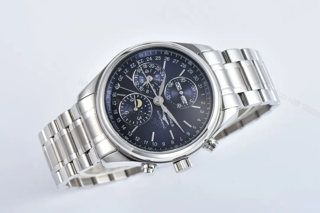 View 2 of Longines Master Collection Moonphase Chronograph Watch Silver Stainless Steel Strap Blue Dial 42mm Case TW V9 Edition