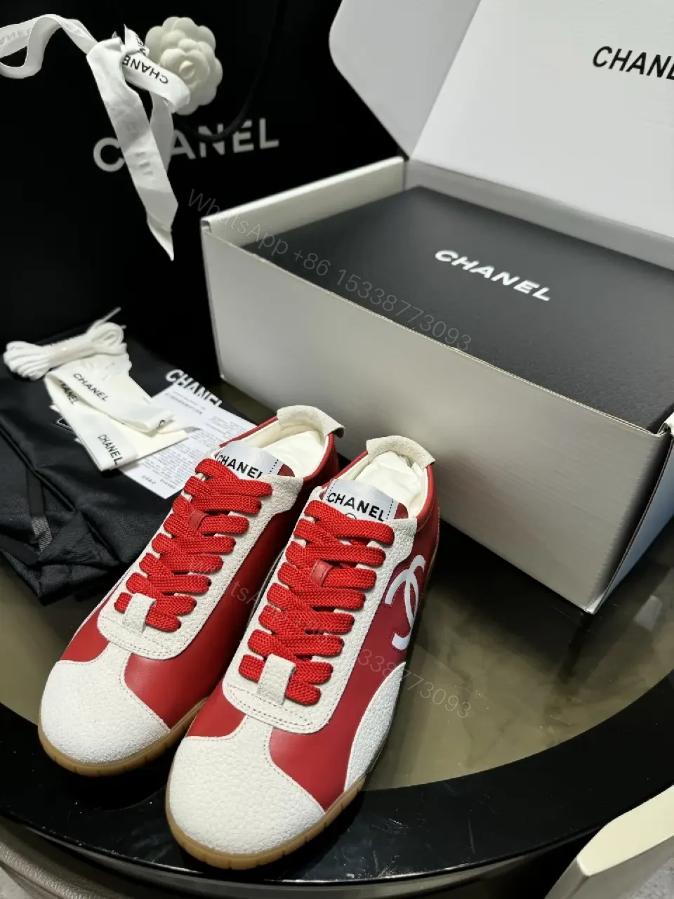 View 6 of Bold Red & White Chanel-Inspired Sneaker Couture (Luxury Low-Top)