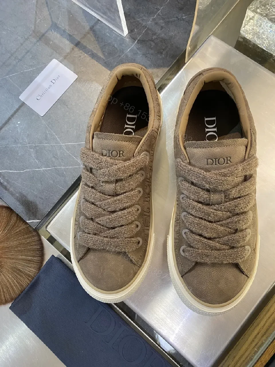 View 9 of Brown Leather Embossed Low-Top Sneakers with Gum Sole