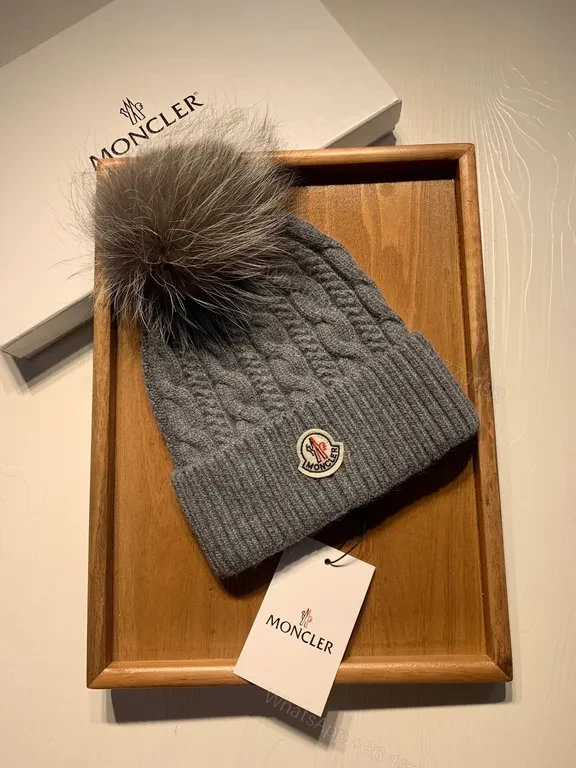 View 6 of Cozy Wool-Blend Beanie with Fur Pom â€” Moncler Style Warmth