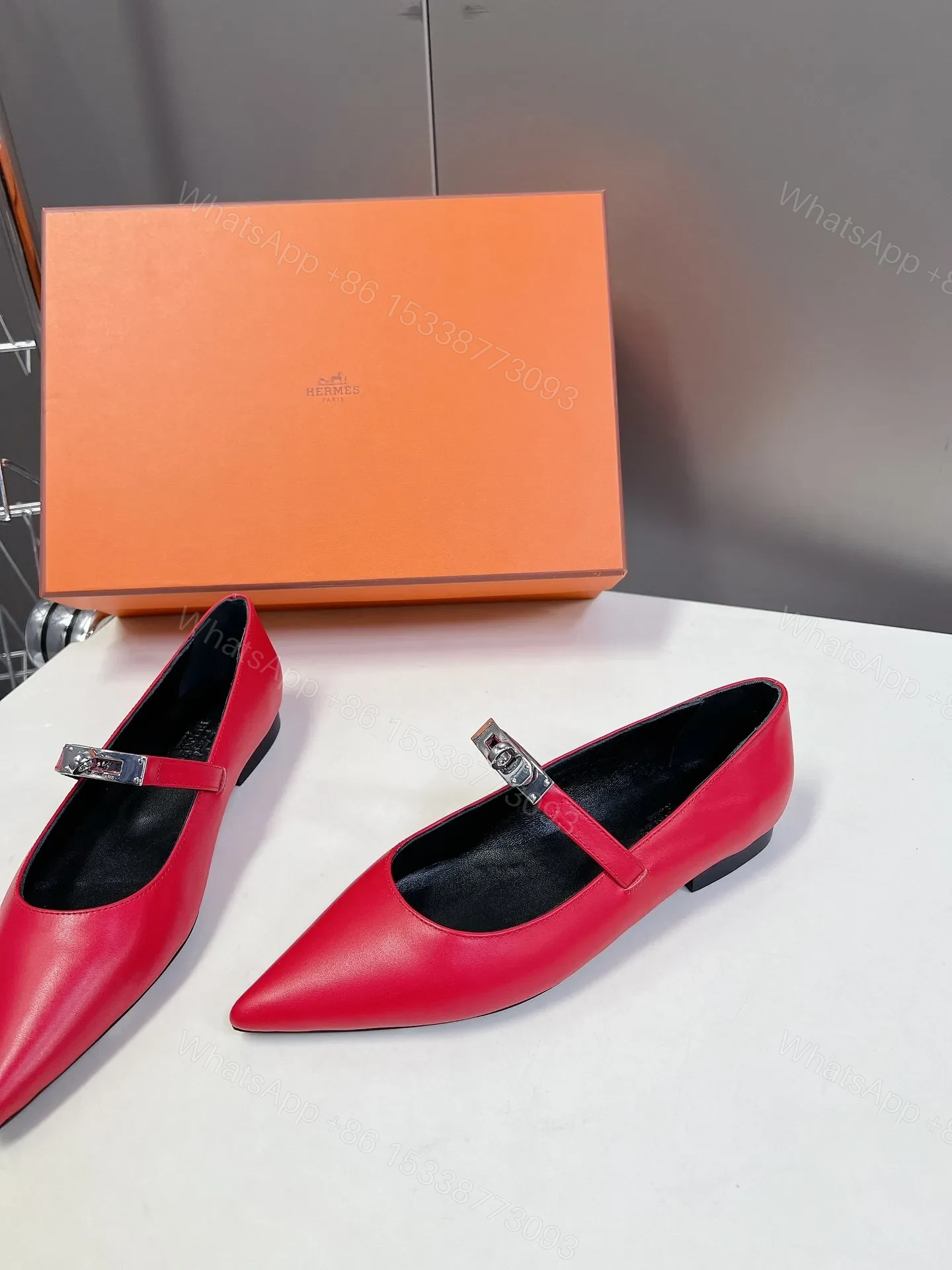 View 4 of Hermes Women Red Leather Pointed Toe Flats