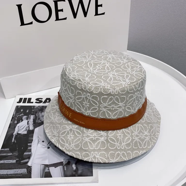 View 8 of White Jacquard Bucket Hat: Luxe Loewe Style, Leather Band, Unisex