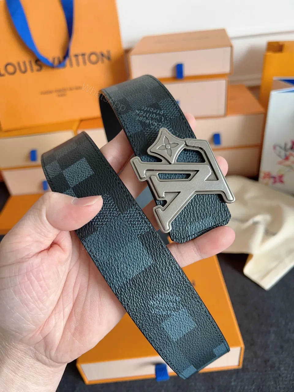View 6 of Damier-Check Textured Belt with Bold LV Buckle