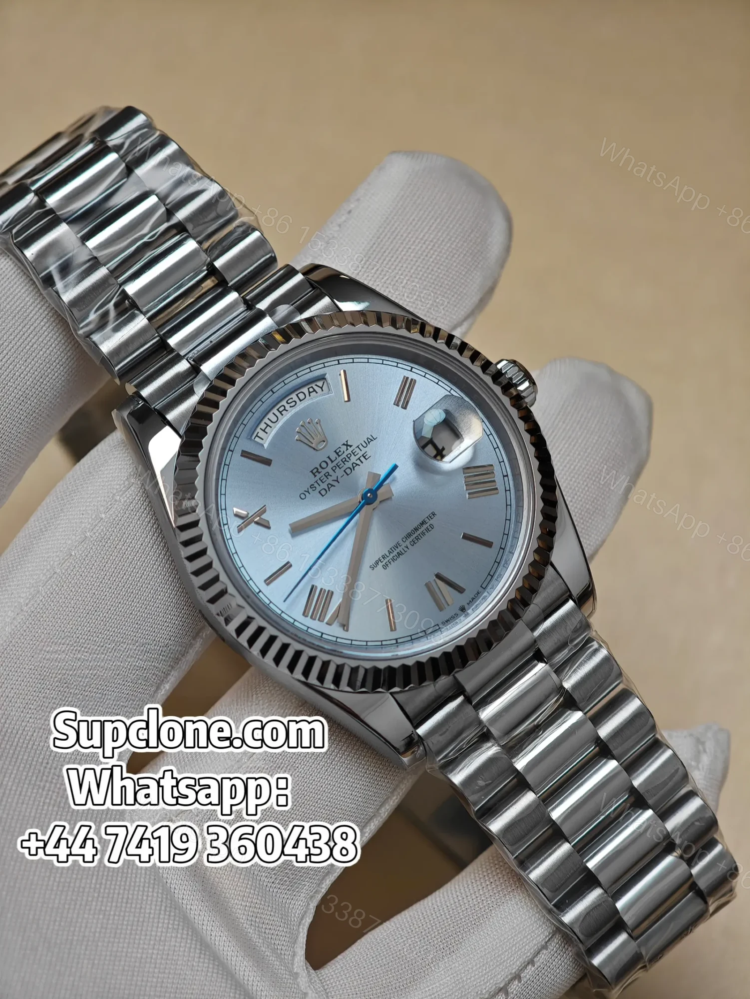 View 2 of Rolex Day-Date 40mm Ice Blue Roman Dial – Super Clone 1:1 Cal. 3255