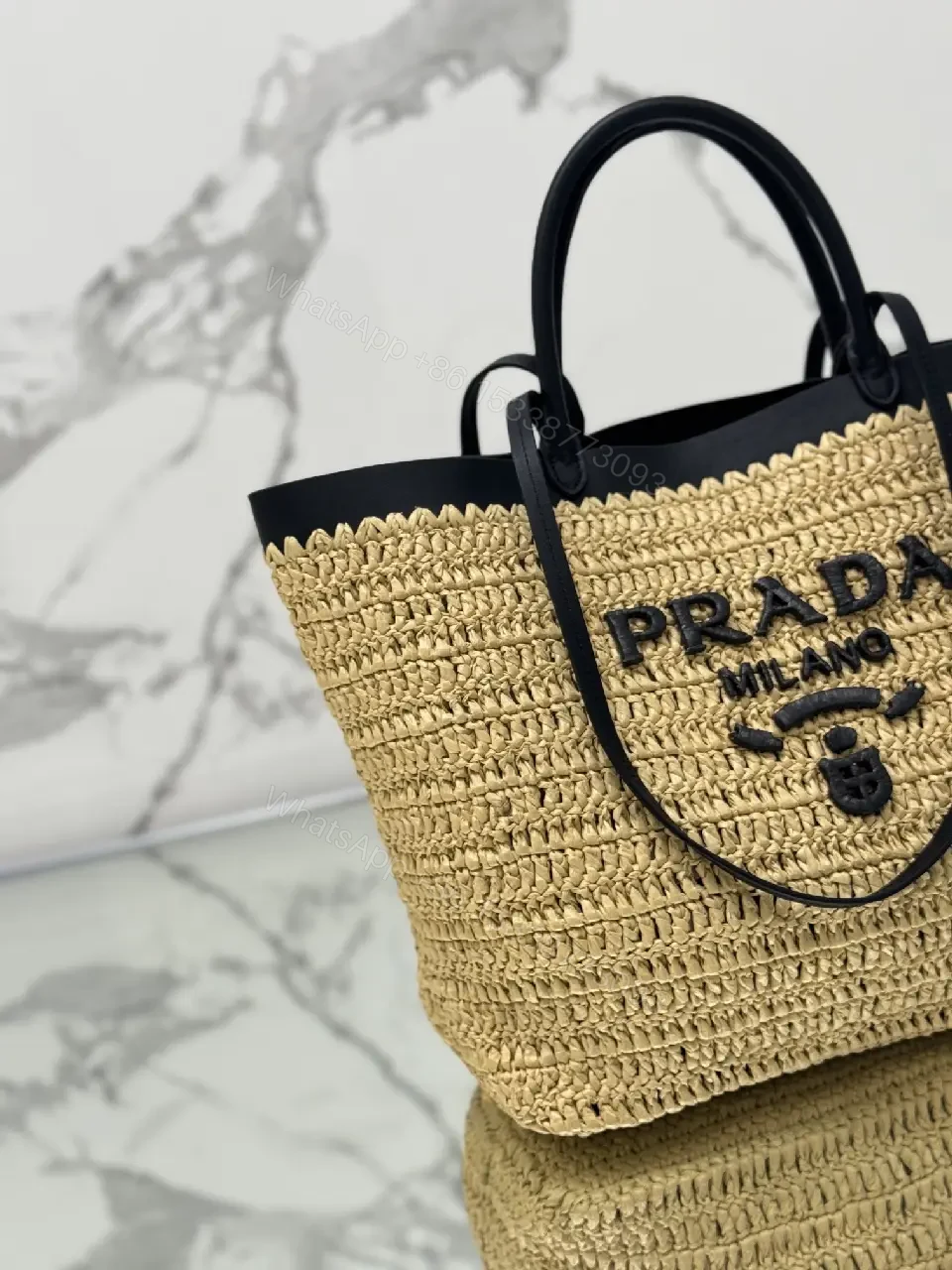 View 2 of Nautical Raffia Tote with Black Leather Trim: Everyday Luxury