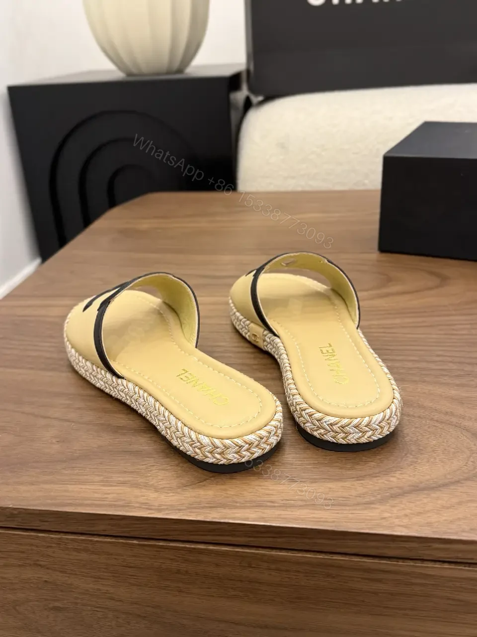 View 2 of Neutral Sand Leather Espadrille Slides with Logo Strap