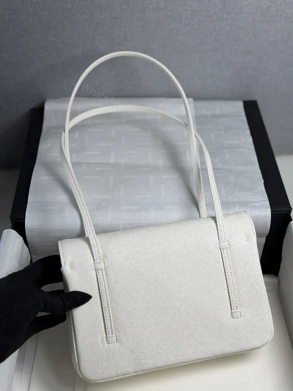 View 7 of Minimalist White Pebble Leather Shoulder Bag with Gold Hardware