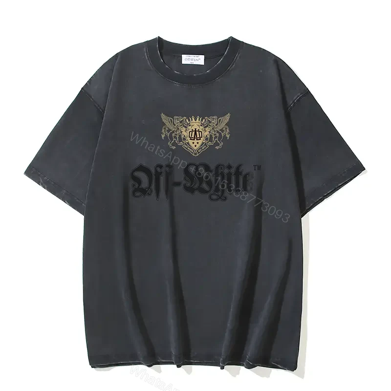 View 2 of Black Distressed Cotton Tee Off-White Crest Graphic T-Shirt