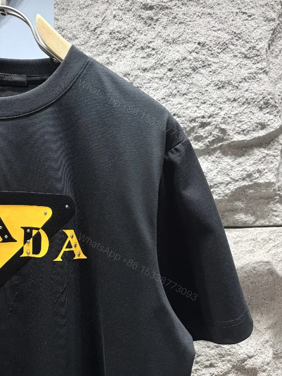 View 9 of Graphic Tee Black with Yellow Triangle Logo Accent, Premium Cotton Blend