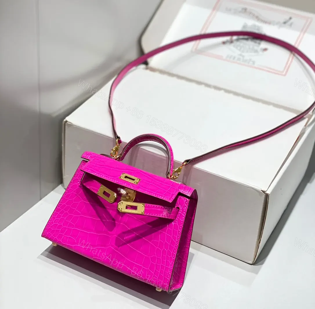 View 7 of HN MINI IN DEEP MAGENTA CROCODILE SKIN GOLD HARDWARE