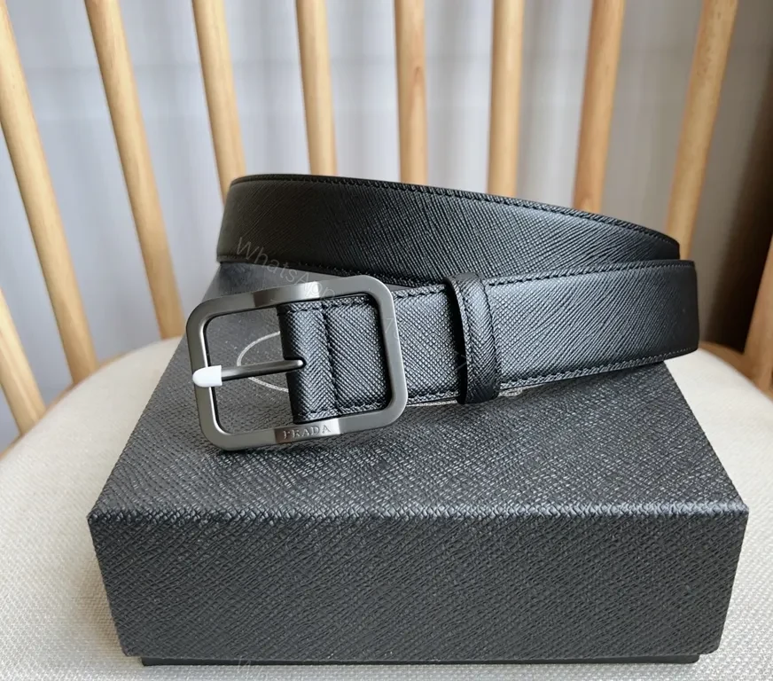 View 8 of Minimalist Black Leather Belt with Prada-Style Hardware Luxury Belt
