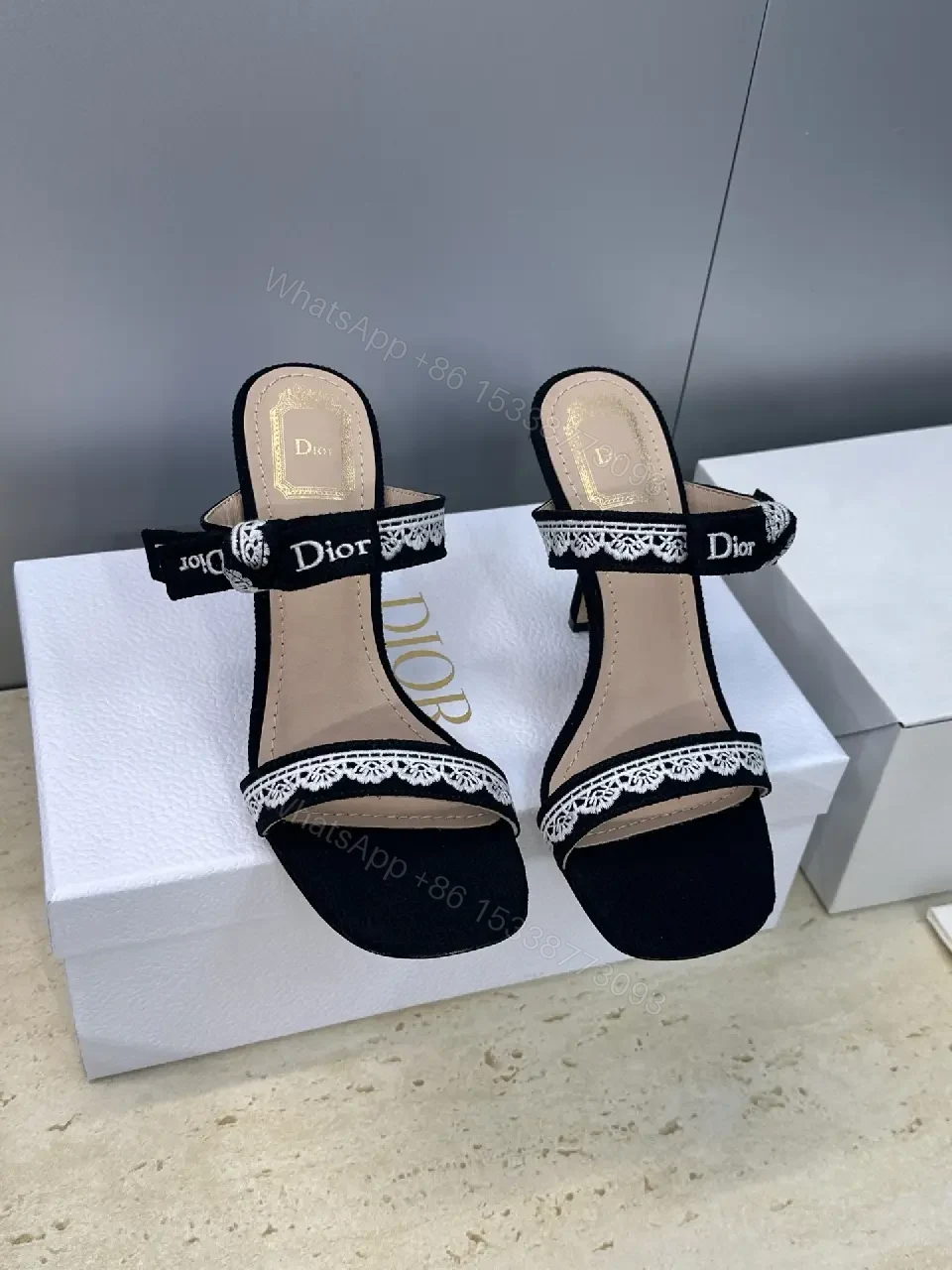 View 9 of Black Patent Lace-Trim Sandals with Dior Band, Open-Toe Heels