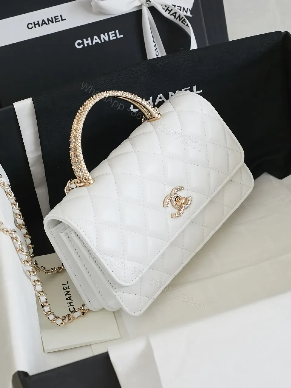 View 5 of Quilted Mini Bag: White, Faux-Leather, Luxe, Chain Detail, Bag