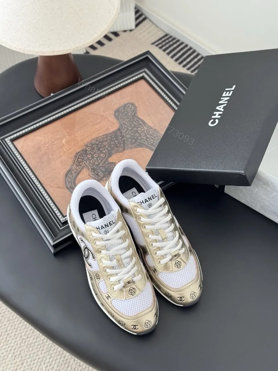 View 3 of Gold-Tone Leather Sneakers: Luxe Comfort, Designer-Inspired Style
