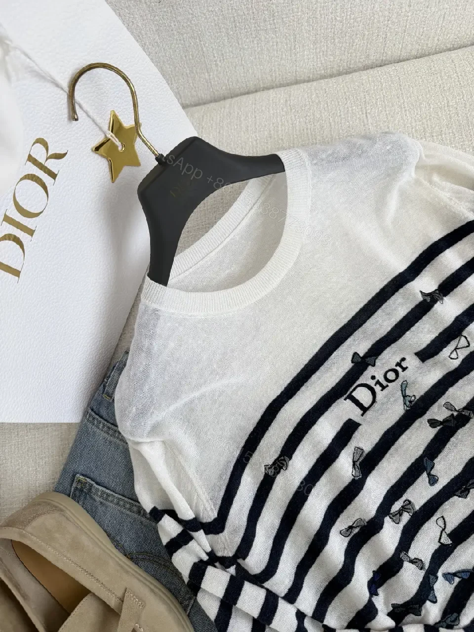 View 4 of Cream Knit Sweater Navy Stripes, Embroidered Bows, Ribbed Crewneck