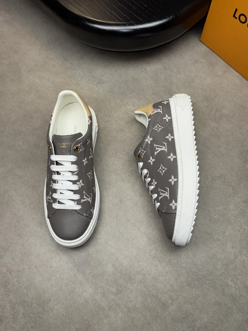 View 2 of Grey Monogram Leather Sneakers with Metallic Accents