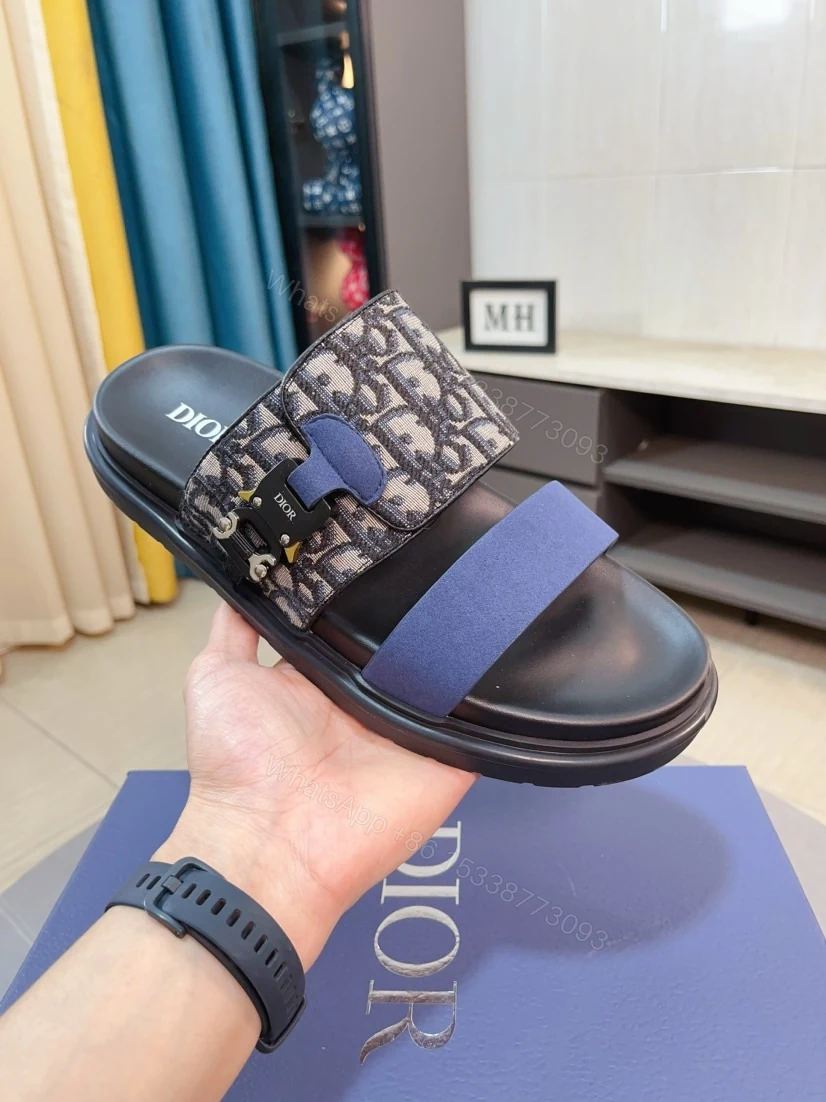 Dior 一比一男士涼拖 黑色Oblique拼接藍色織帶時尚款 — view 1