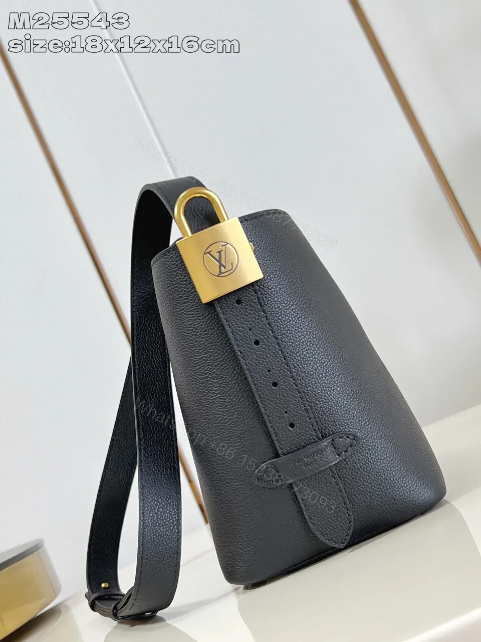 View 2 of Polished Grain Leather Bucket Bag with Gold Hardware, Minimalist Style, Everyday Carry