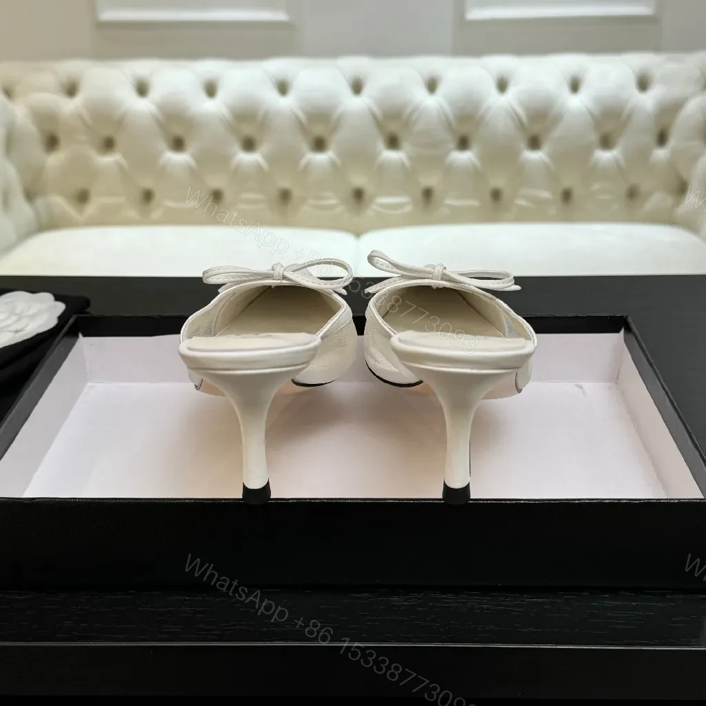 View 4 of White Leather Slingback Heels with Satin Mesh Inset, Pointed Toe, Kitten Heel