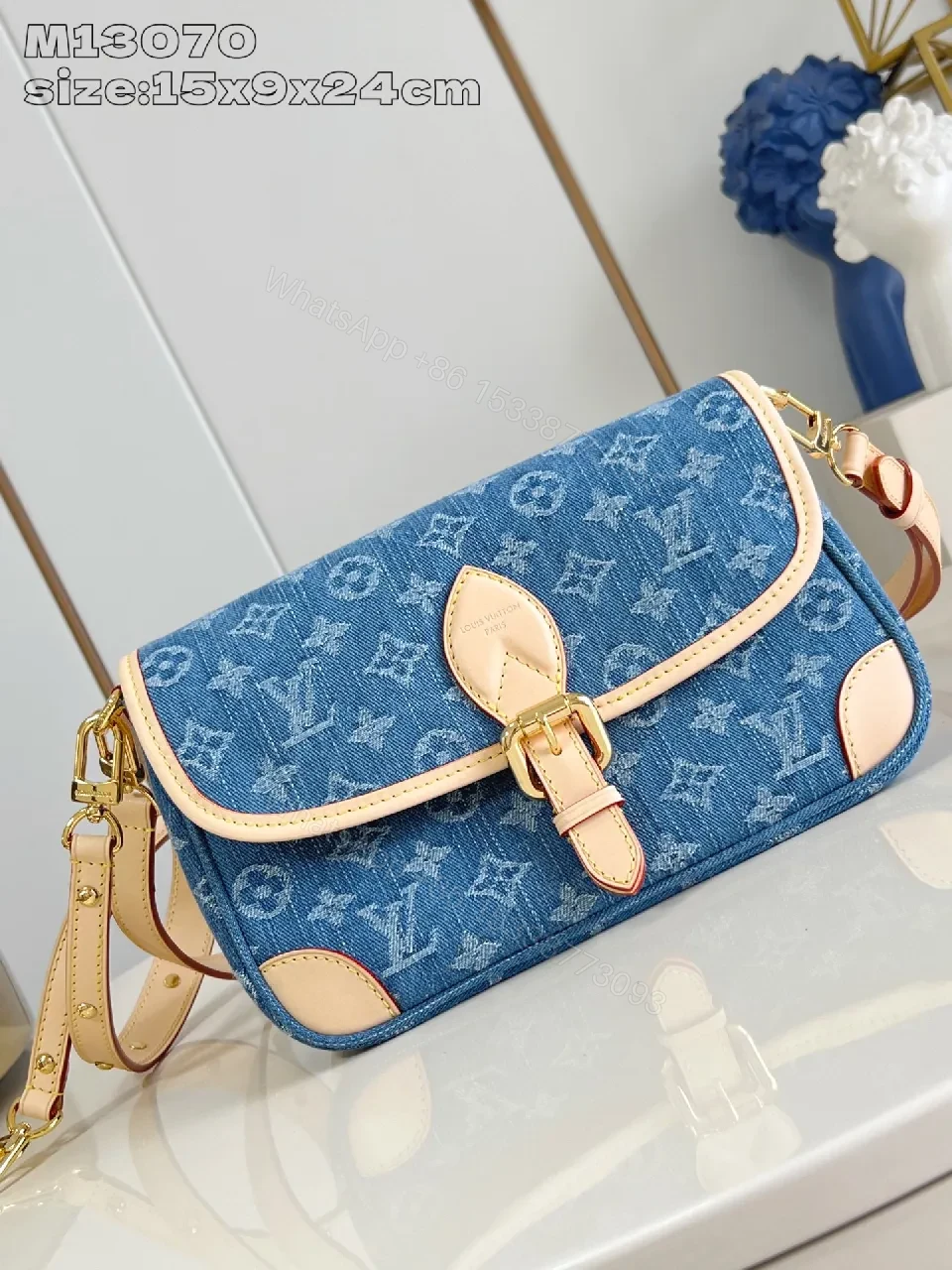 Denim Crossbody Monogram Leather Trim Bag, Compact Style — view 1