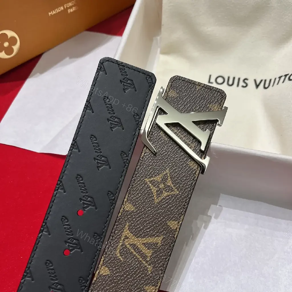 View 2 of Brown & Black LV Monogram Belt with Metal Logo Buckle