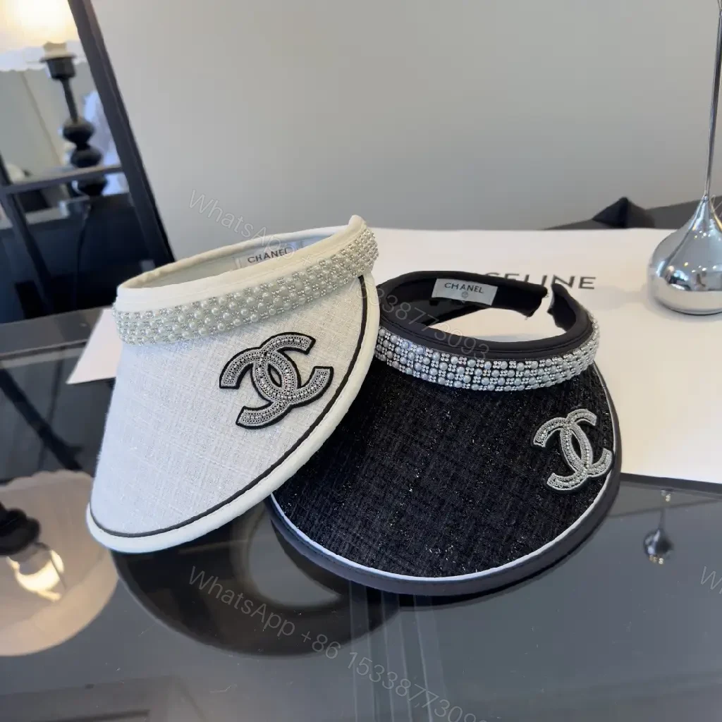 View 4 of Light Gray Linen Visor Cap with Rhinestone Collar and Chanel Logo