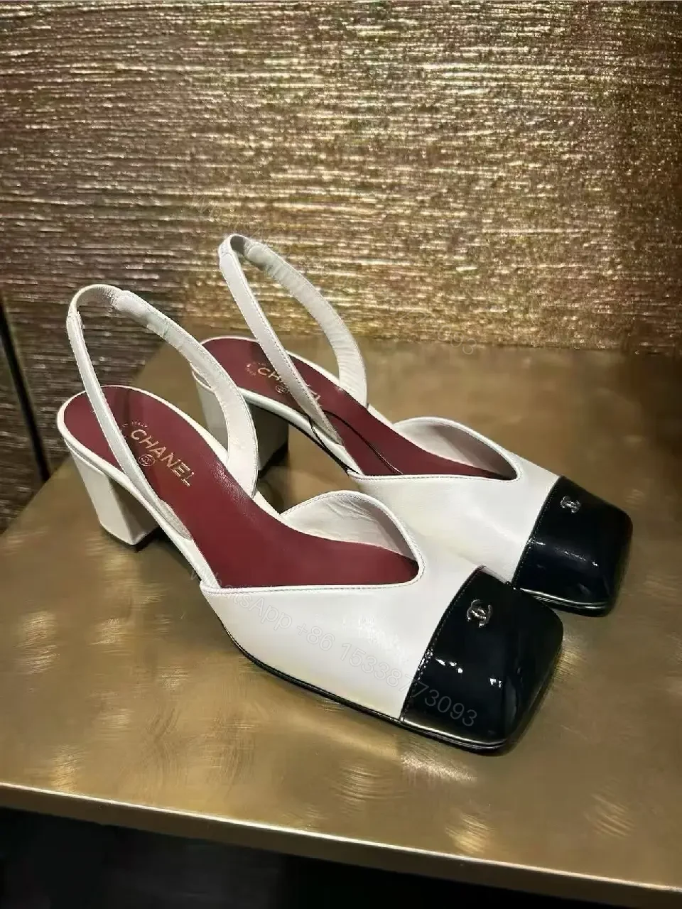 View 7 of Ivory & Black Cap-Toe Slingback Pump, Modern Block Heel