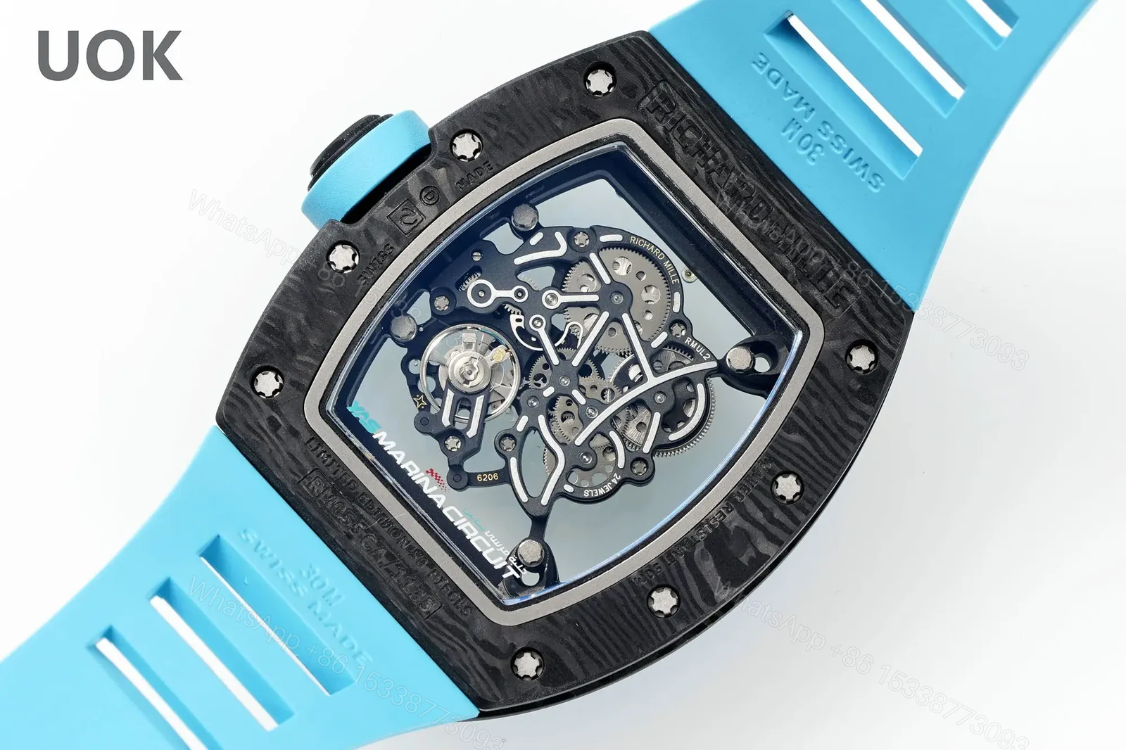 View 6 of Replica Richard Mille RM 55 Swiss Movement Super Clone Carbon Case Blue Rubber Strap
