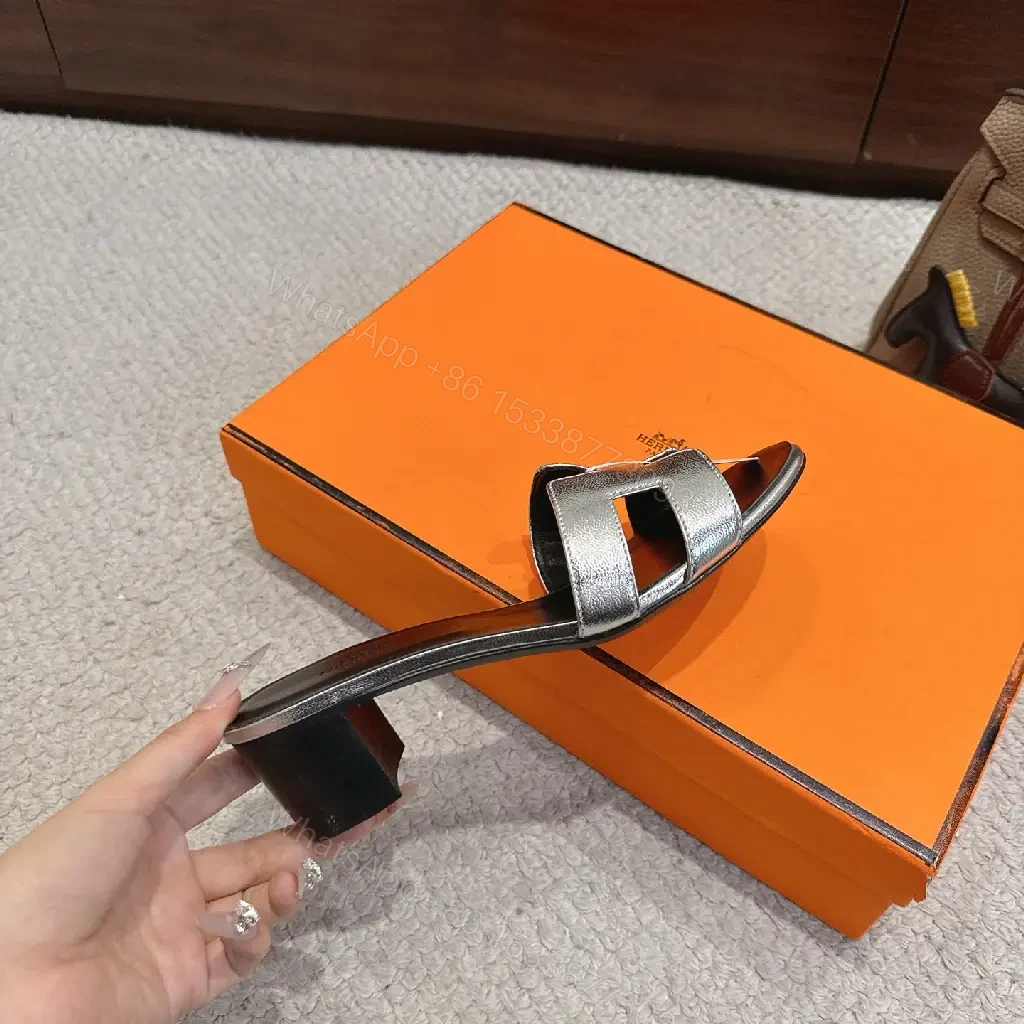 View 6 of Silver Metallic H-style Strap Sandals - Hermes Inspired Slide