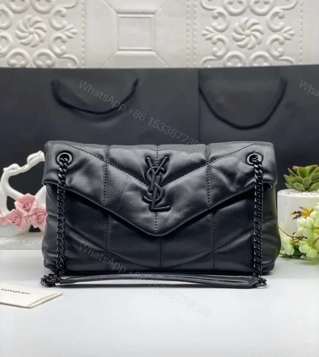 View 2 of Saint Laurent Small Loulou Puffer shoulder bag in black with Chain Strap