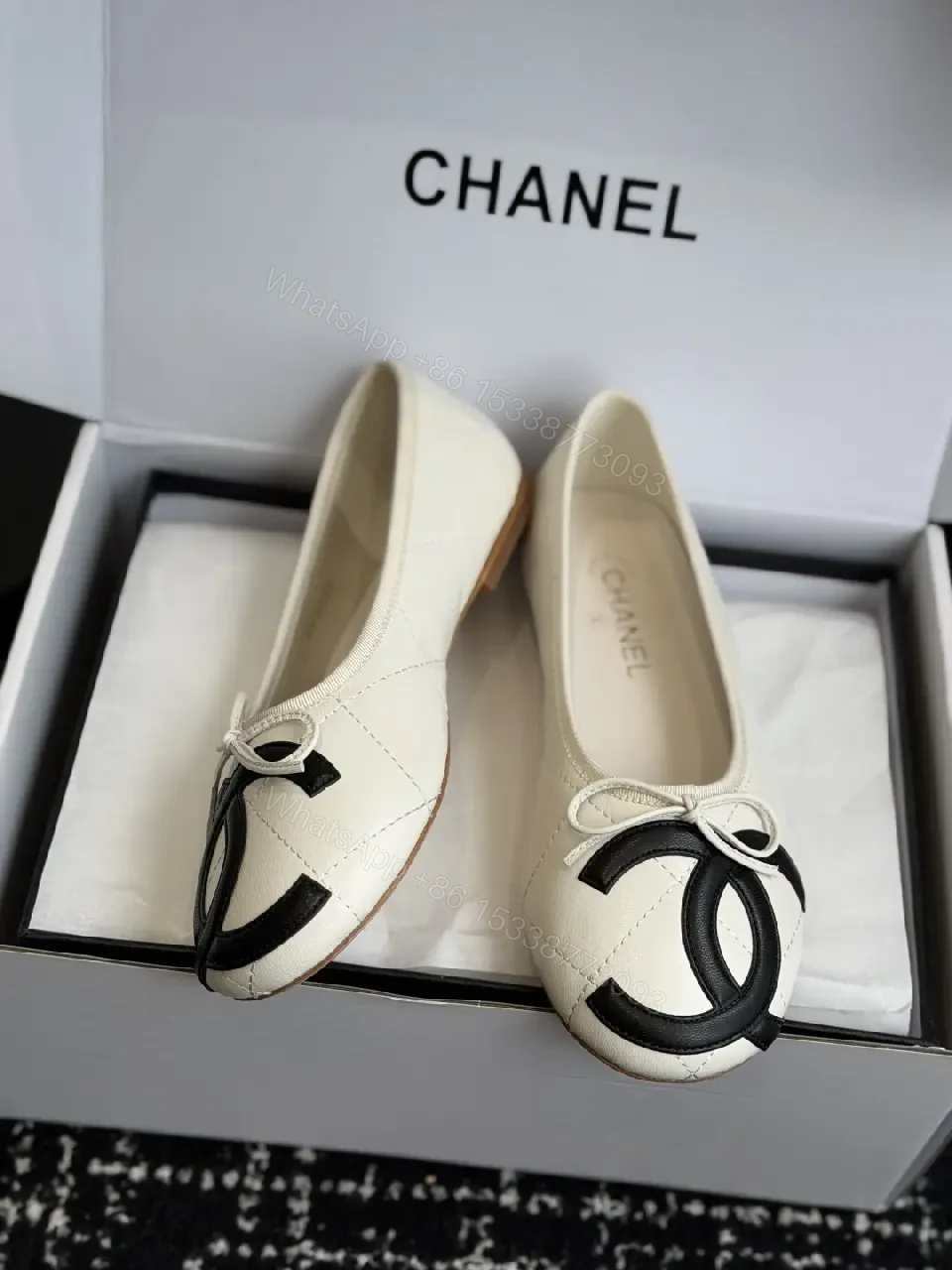 View 2 of Cream Leather Ballet Flats Pearl Bow Chanel Logo