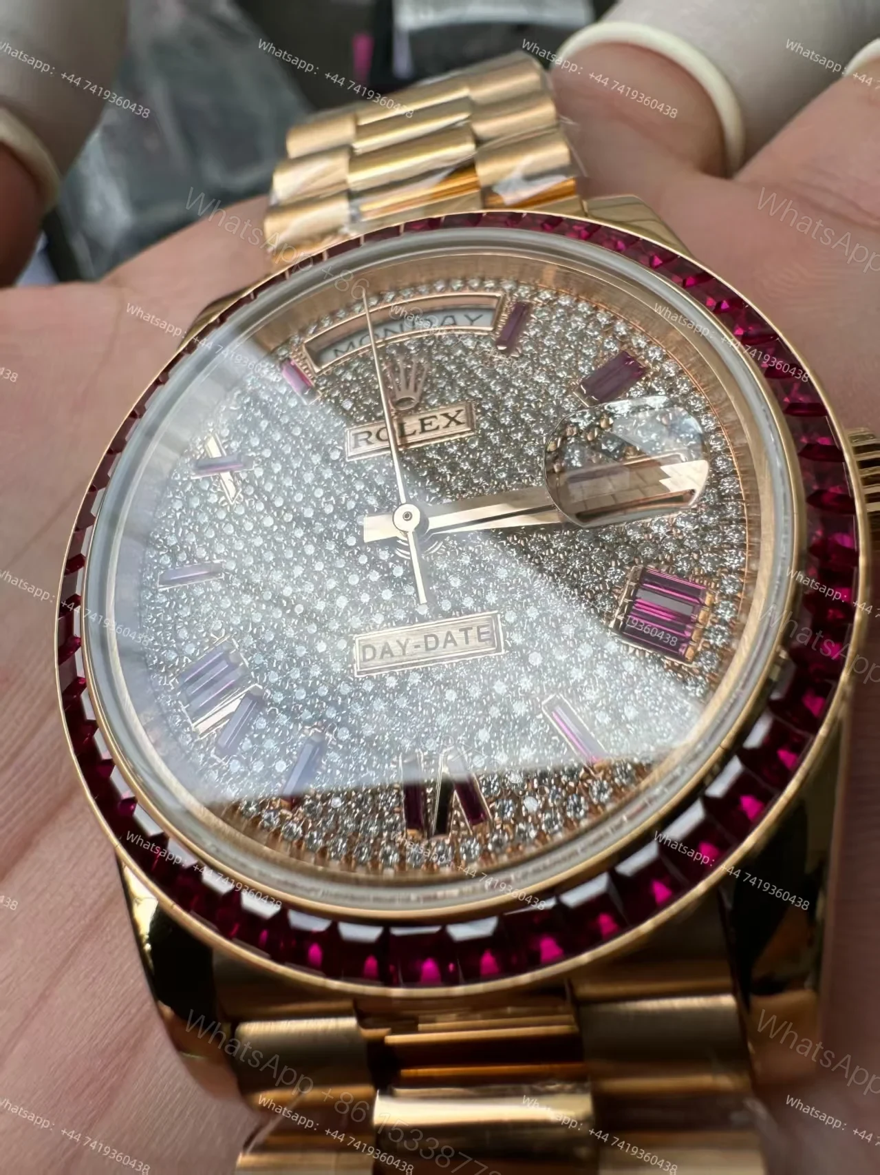 View 4 of Rolex Day-Date 228398TRU 1:1 Custom Edition Ruby & Moissanite Diamond Dial and Bezel 40MM 3255 Movement Super Clone Watch