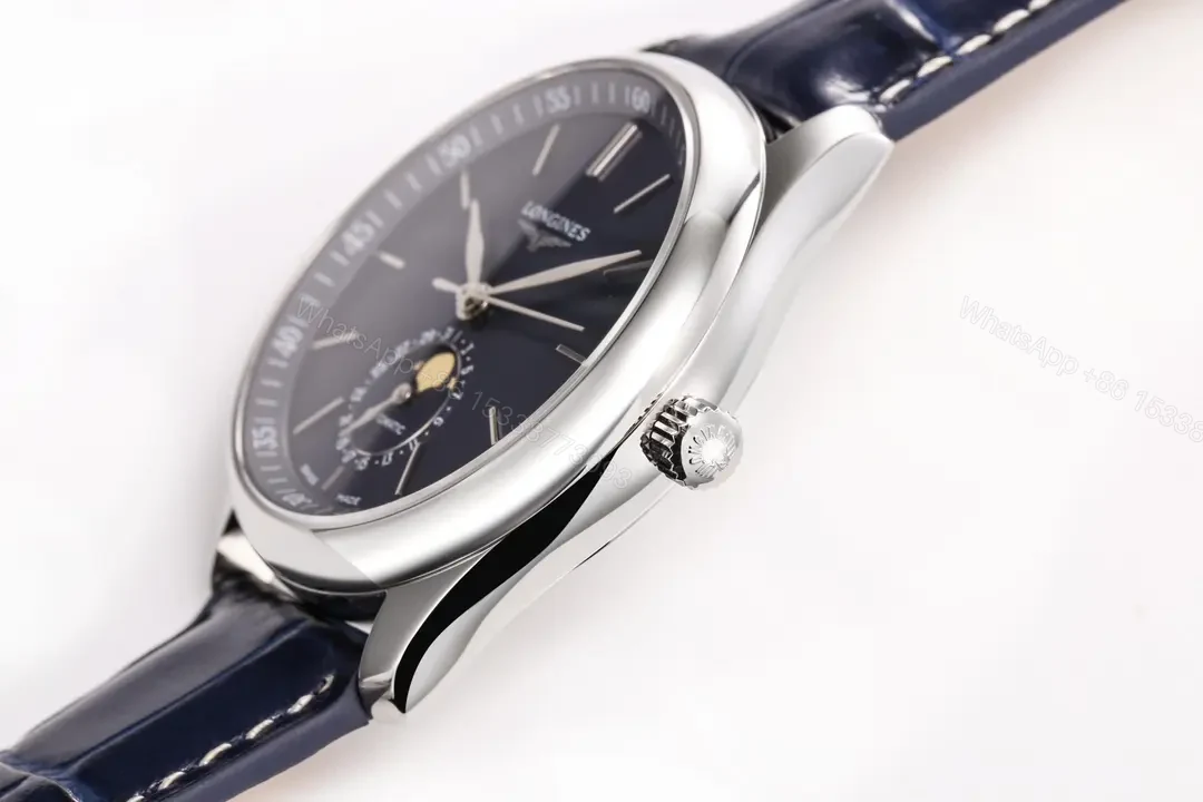 View 7 of Longines Master Collection Moonphase 40mm Watch Blue Dial Leather Strap