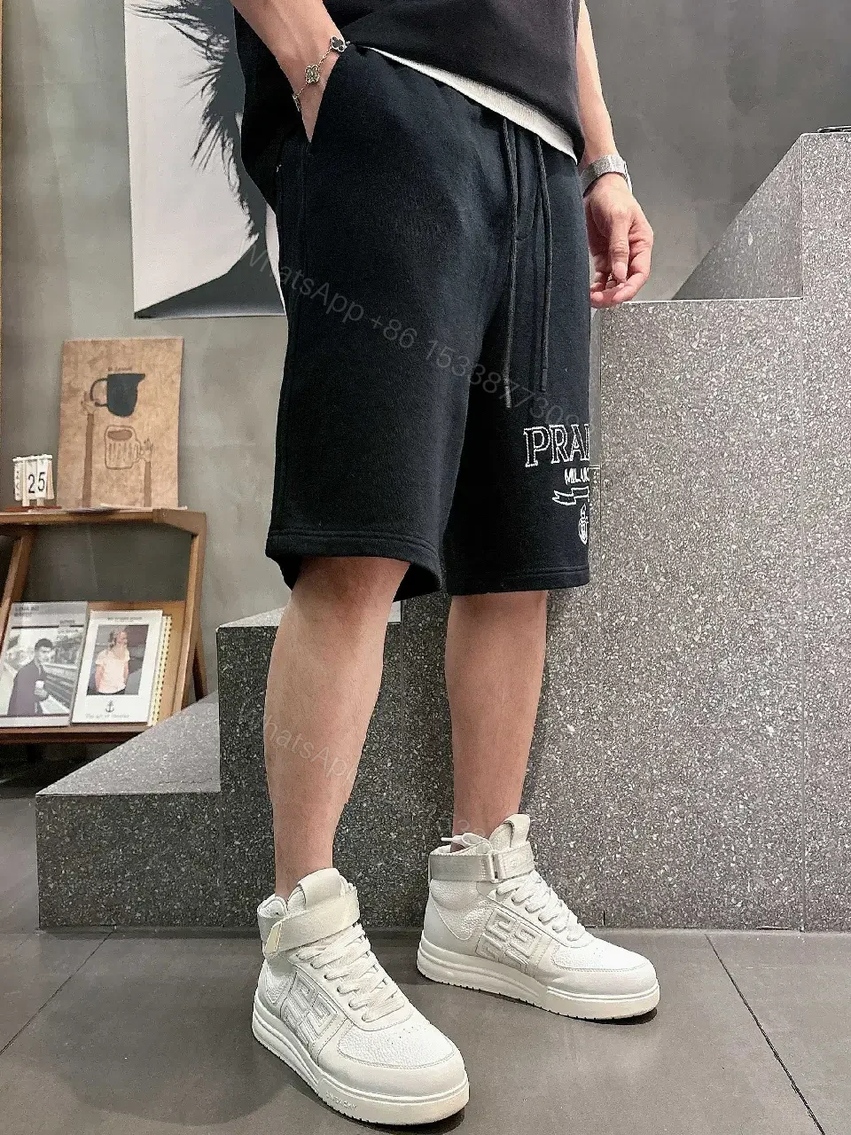 View 5 of Black Cotton Shorts Prada Logo Casual Style with Drawstring