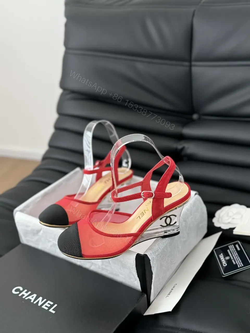 View 2 of Red Suede Slingback Heels with Transparent Straps – Stiletto Lift