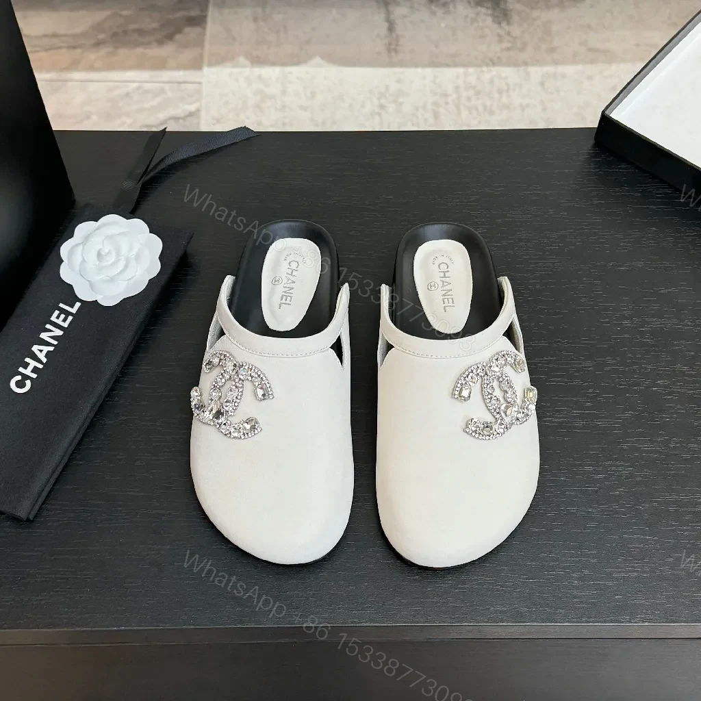 View 4 of Light-Gray Satin Mules with Crystal Emblem - Subtle Glamour